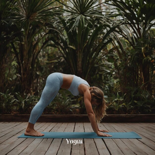 woman is doing yoga mat front palm tree - Grateful and living well